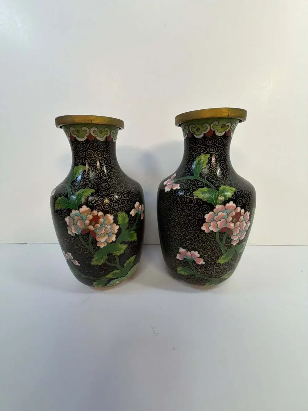 Vintage‎ Pair of Chinese Cloisonné Floral Vases Black Enamel
